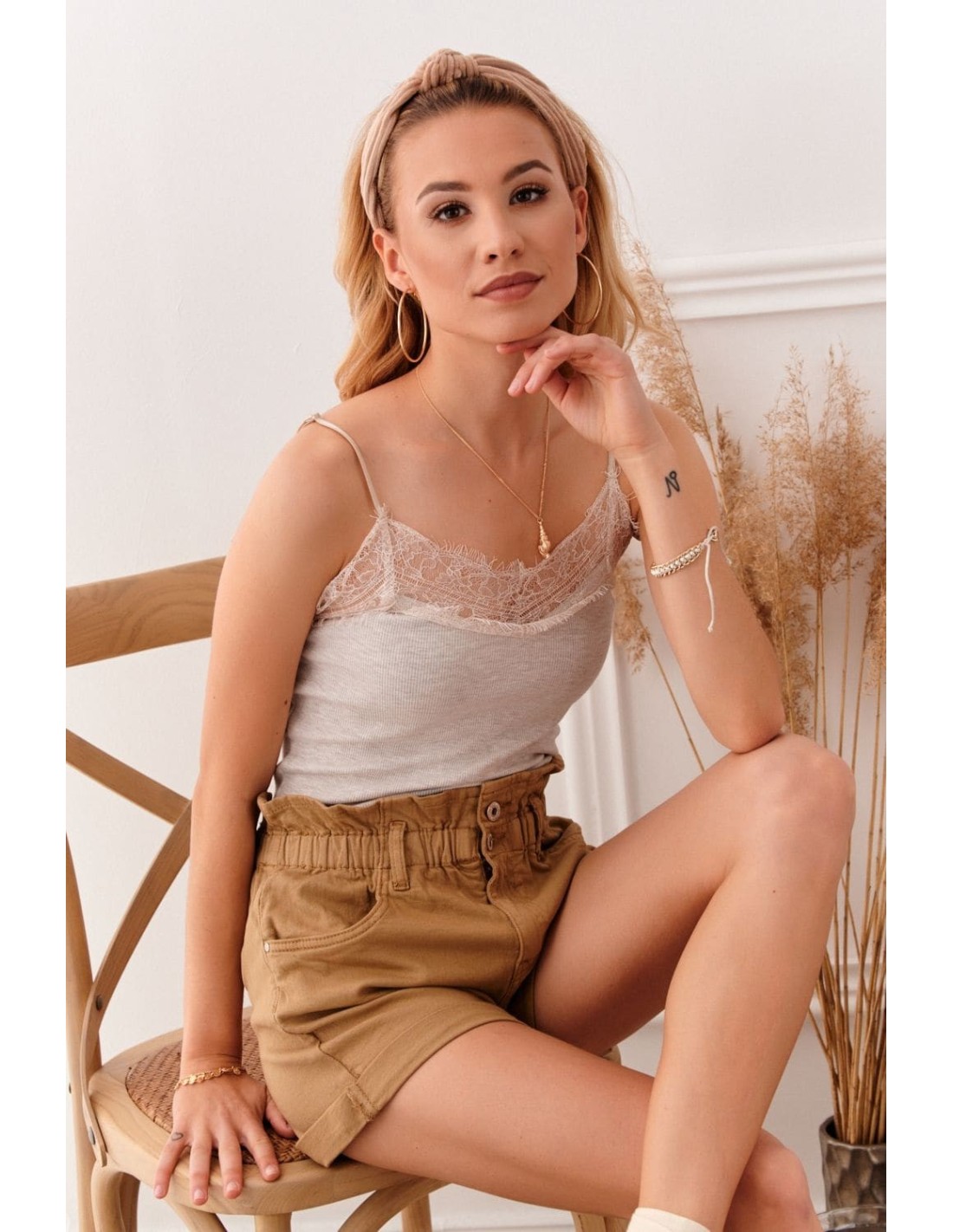 Damen-Shorts mit elastischem Bund, dunkelbeige 7032 – Online-Shop – Boutique